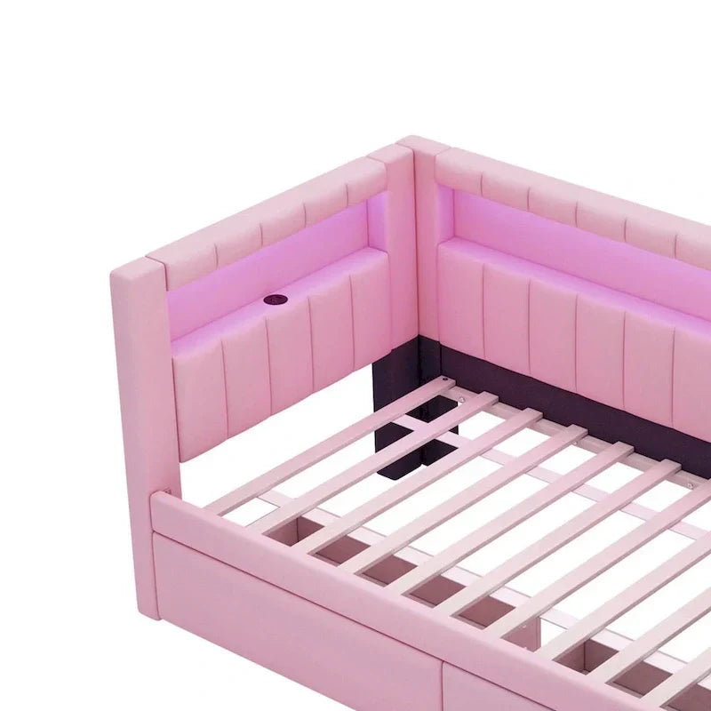 Lit plateforme rembourré avec ports USB et éclairage LED - Cadre de lit double/simple avec 2 tiroirs de rangement - Chambre à coucher moderne