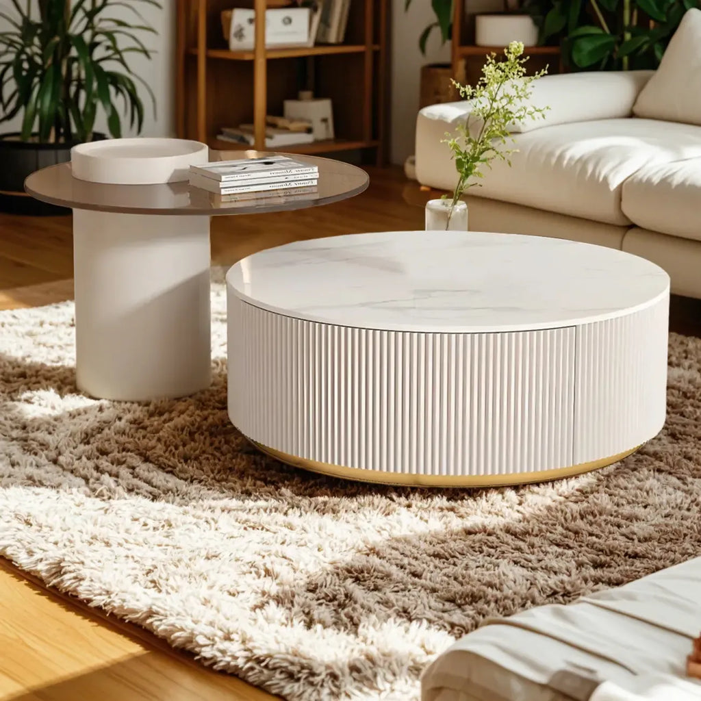 Table basse de forme tambour, ronde, en bois, moderne, blanche avec tiroir