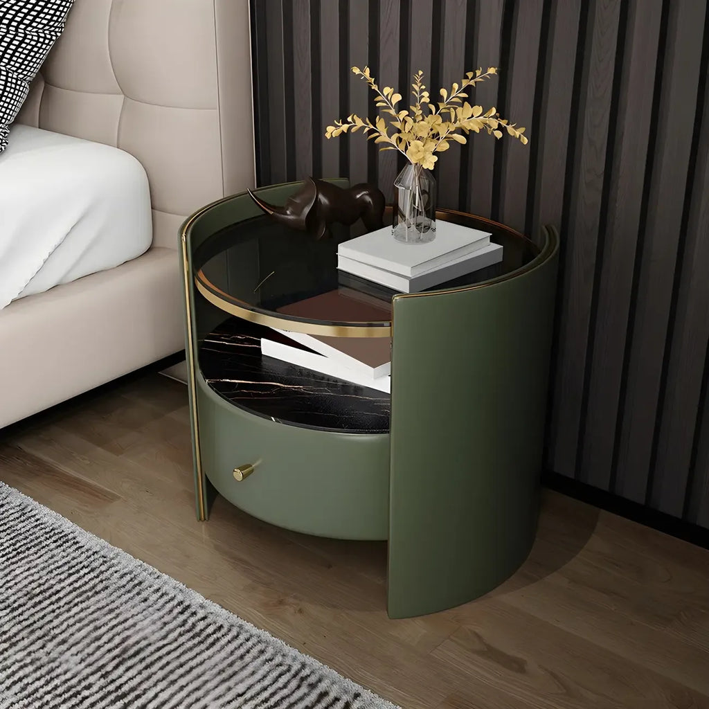 Table de chevet de luxe en verre avec tiroir de rangement et niche ouverte