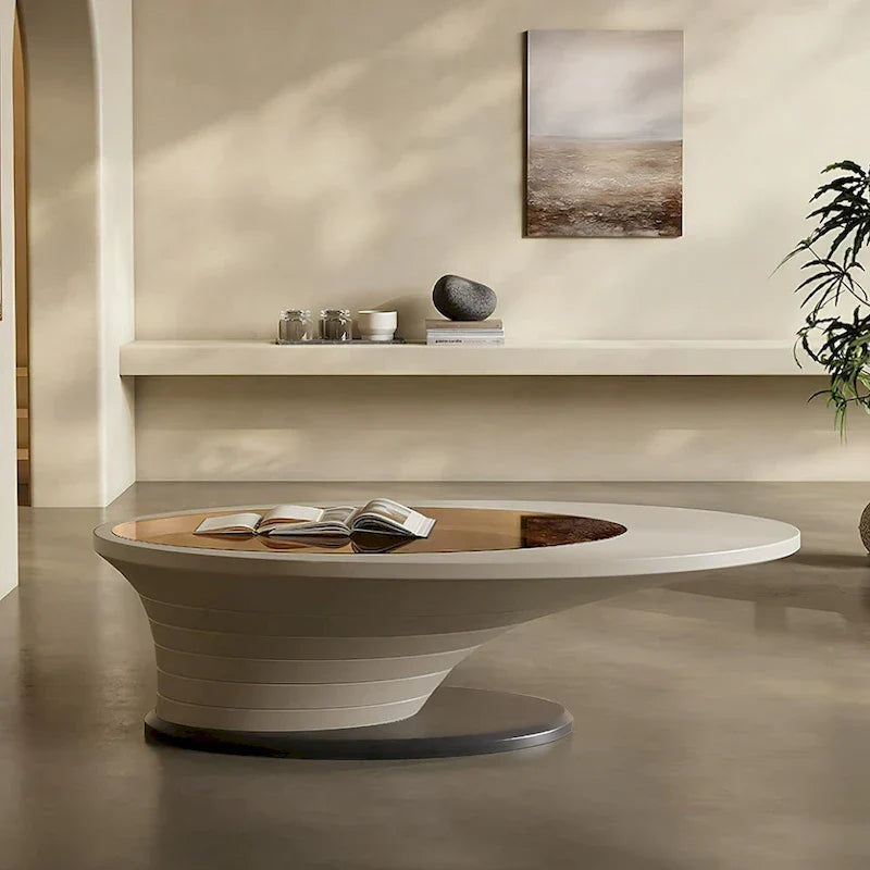 Table Basse Ovale en Verre Moderne Minimaliste Luxe Léger avec Base Grise 130 cm - L 130 cm x l 65 cm x H 36,5 cm