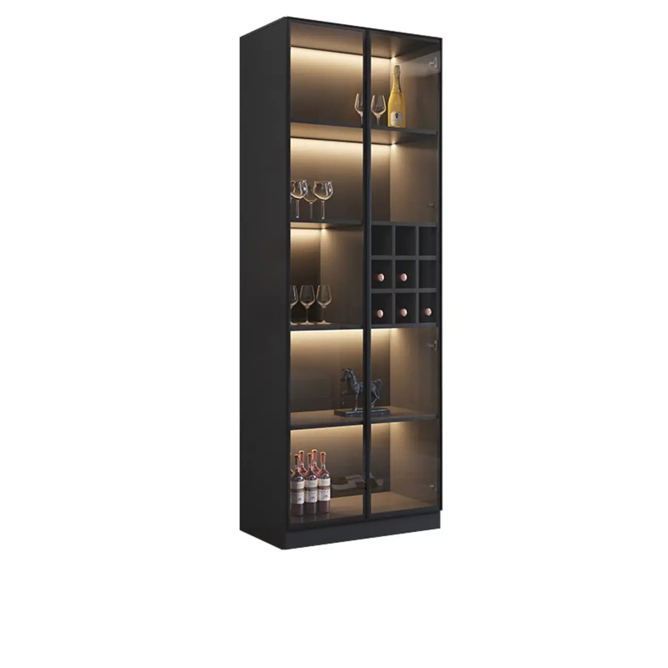 Meuble de rangement à vin minimaliste en bois noir avec porte vitrée