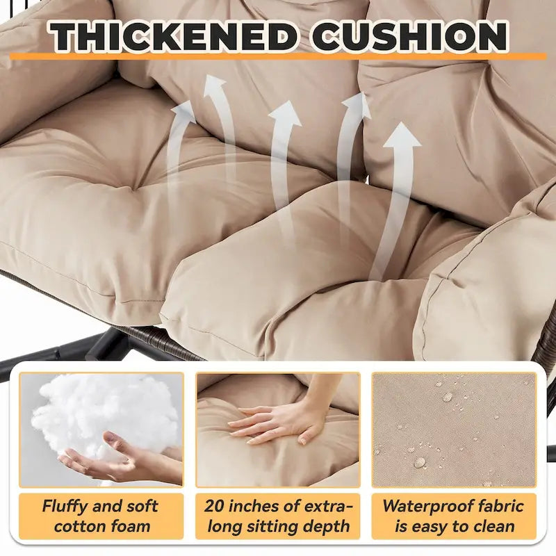Balancelle extérieure à deux places avec support, chaise suspendue pliable, coussin de hamac et auvent, chaise double en forme d'œuf - Beige