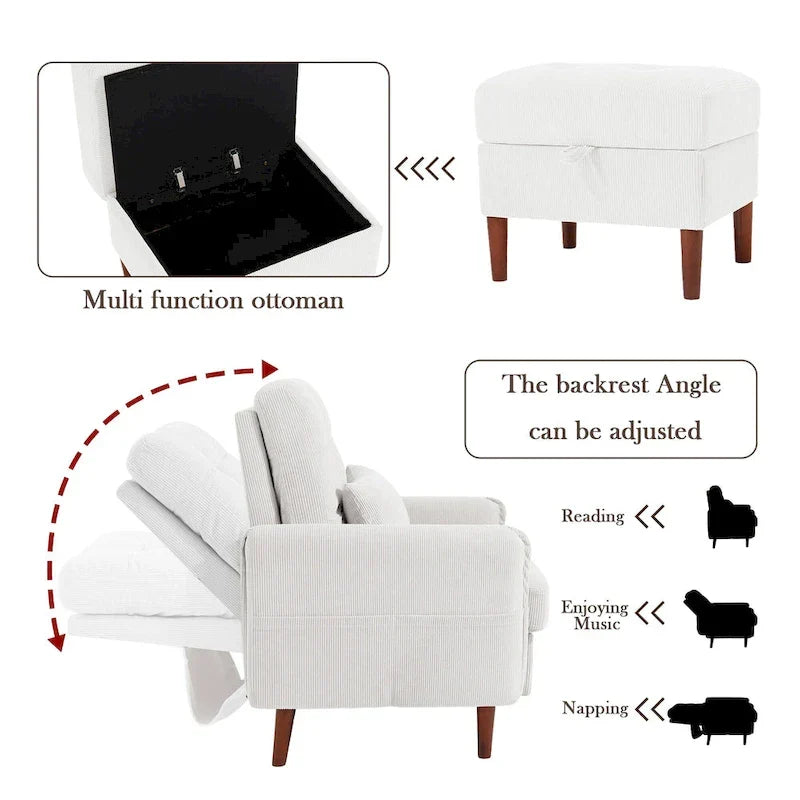 Fauteuil de salon moderne UIXE avec pouf de rangement et dossier réglable