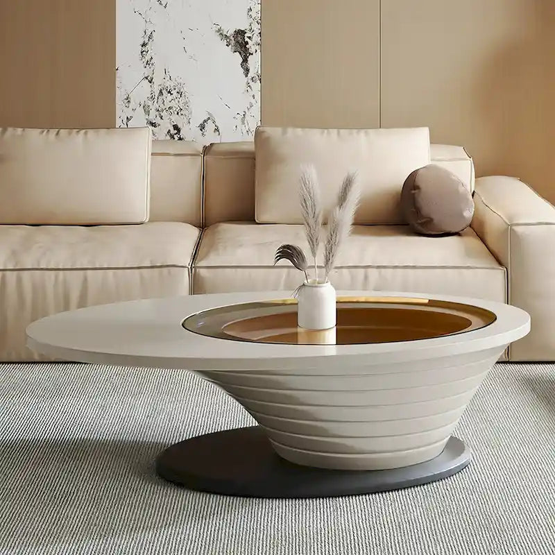 Table Basse Ovale en Verre Moderne Minimaliste Luxe Léger avec Base Grise 130 cm - L 130 cm x l 65 cm x H 36,5 cm