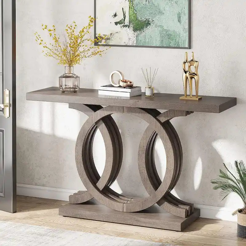 Console de style vintage avec base géométrique, table de couloir en bois