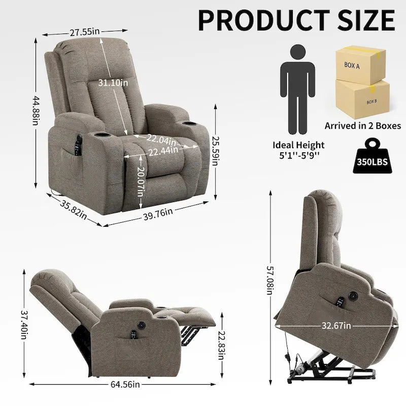 Fauteuil inclinable releveur électrique, fauteuil de massage moderne à moteur unique avec chauffage lombaire, port de chargement USB, porte-gobelets