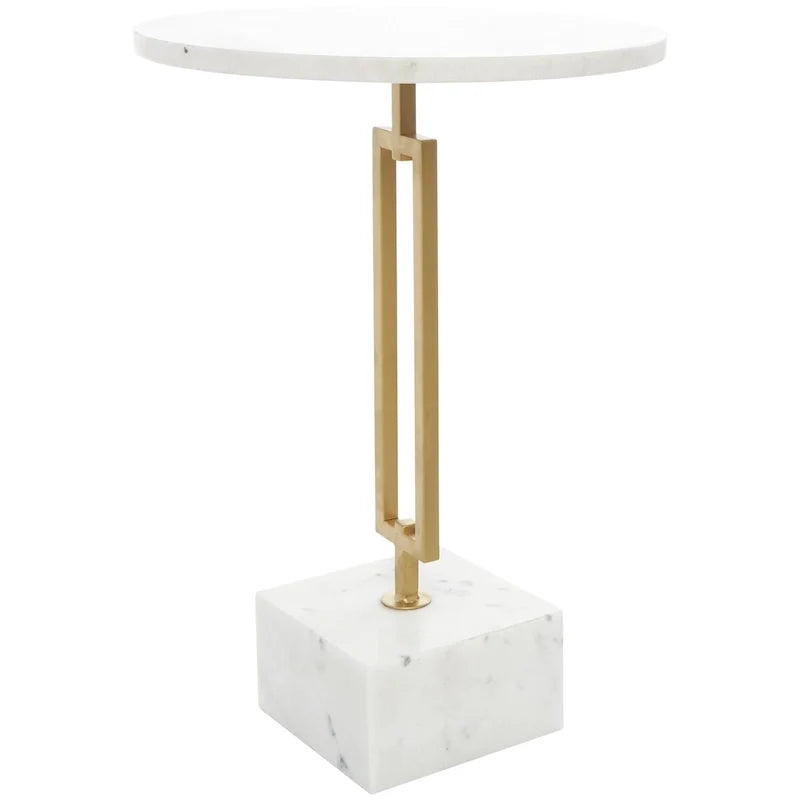 Table d'appoint géométrique en marbre avec support rectangulaire en métal doré - Blanc