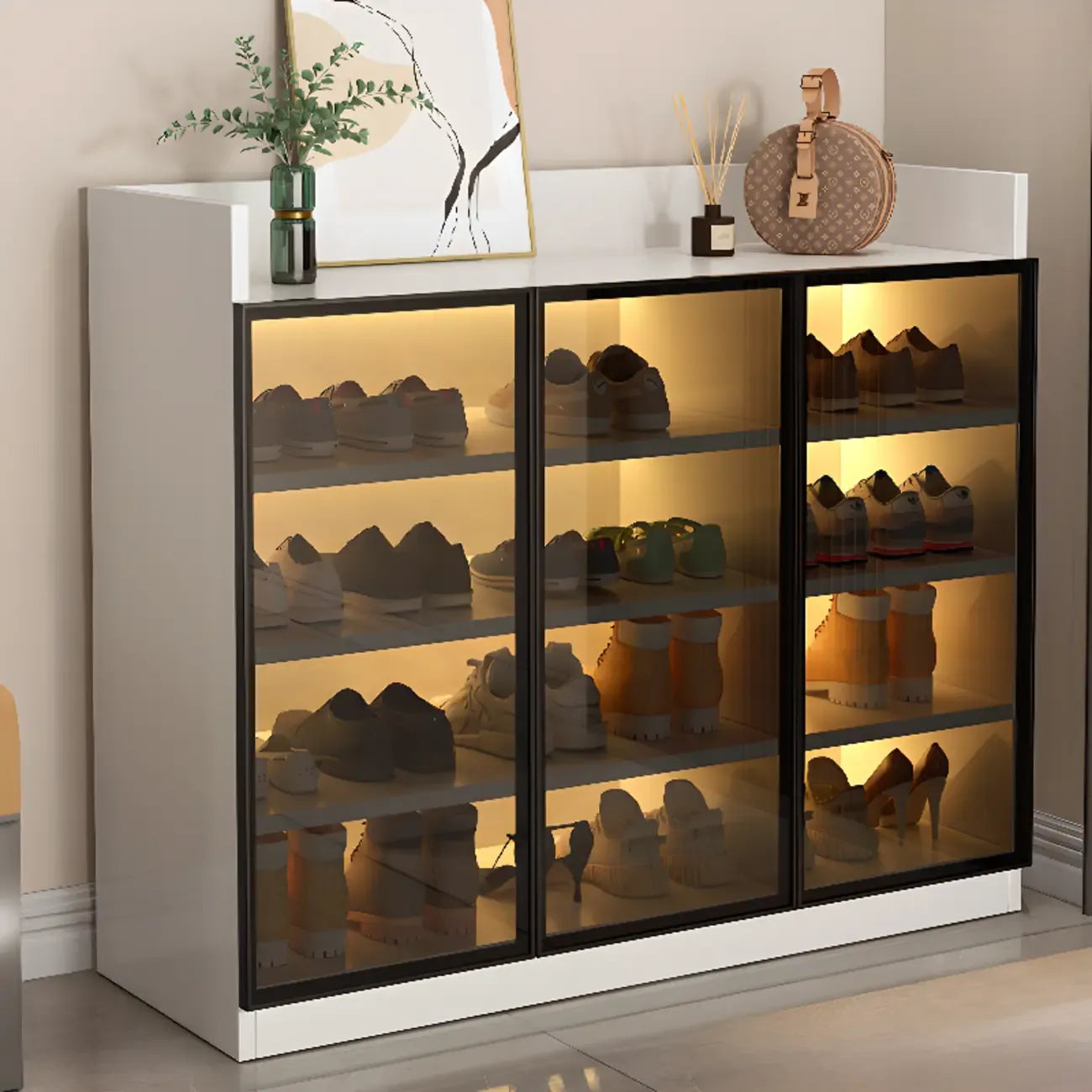 Meuble à chaussures éclairé par LED avec étagères réglables Portes transparentes