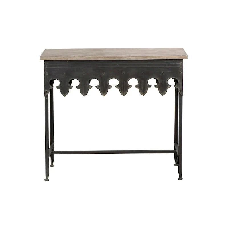Console en métal finition zinc et bois à bord festonné