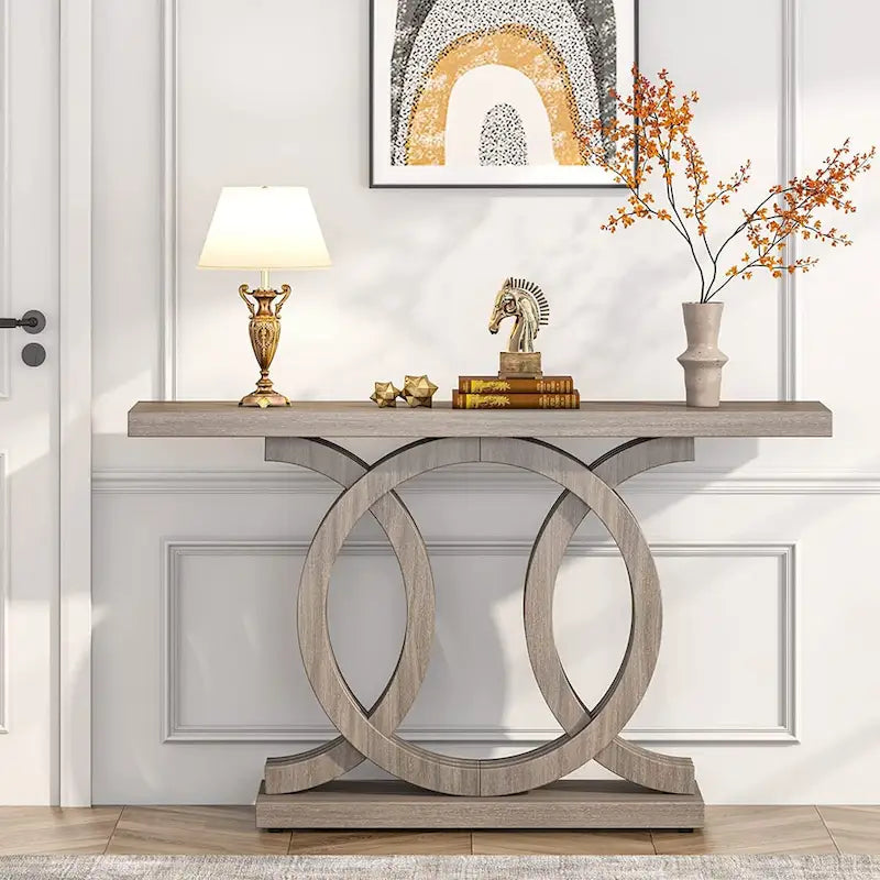 Console de style vintage avec base géométrique, table de couloir en bois