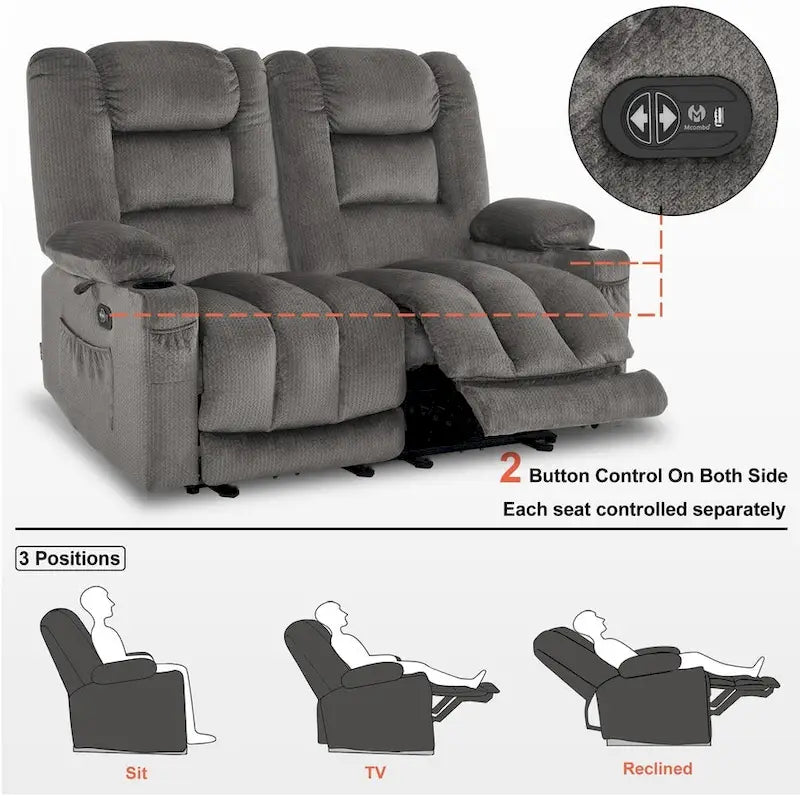 Causeuse inclinable électrique MCombo avec fonction chauffage et massage, en tissu PR648
