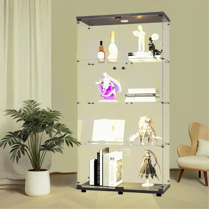 Vitrine en verre éclairée à deux portes avec 4 étagères, noire