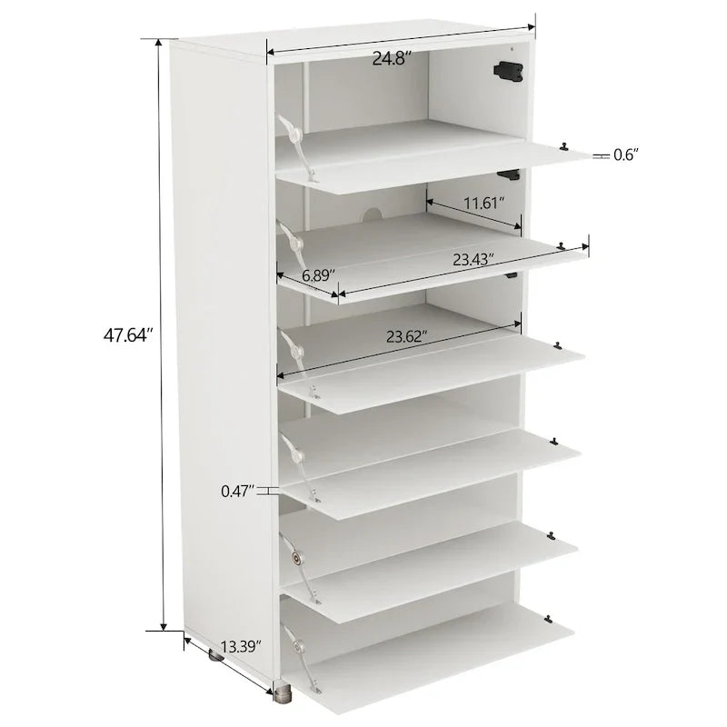 Meuble à chaussures miroir avec 6 tiroirs à abattant, organisateur de rangement pour une grande quantité de chaussures, 4 pieds en métal, porte à abattant à ouverture manuelle.