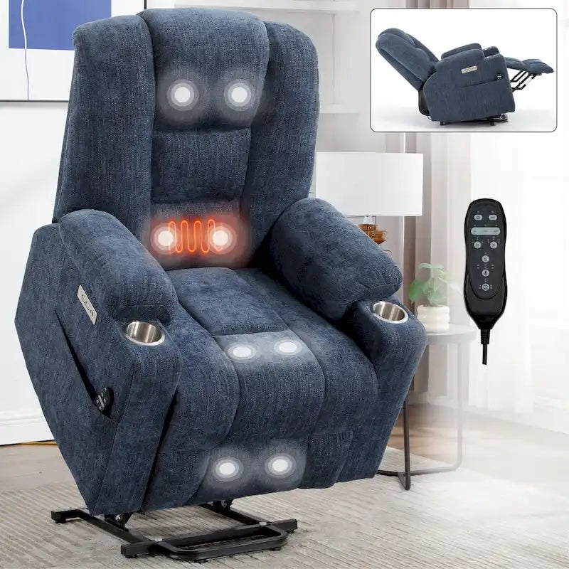 Fauteuil inclinable Power Lift avec massage et chaleur, fauteuils inclinables larges et rembourrés Lazy Boy avec ports USB, Type C et 2 porte-gobelets en acier