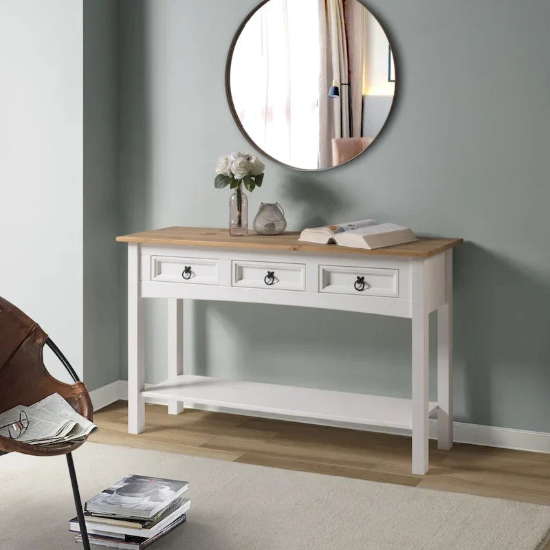 Console de couloir rustique en pin massif, blanc cérusé / marron antique / gris cérusé / non peinte, 3 tiroirs