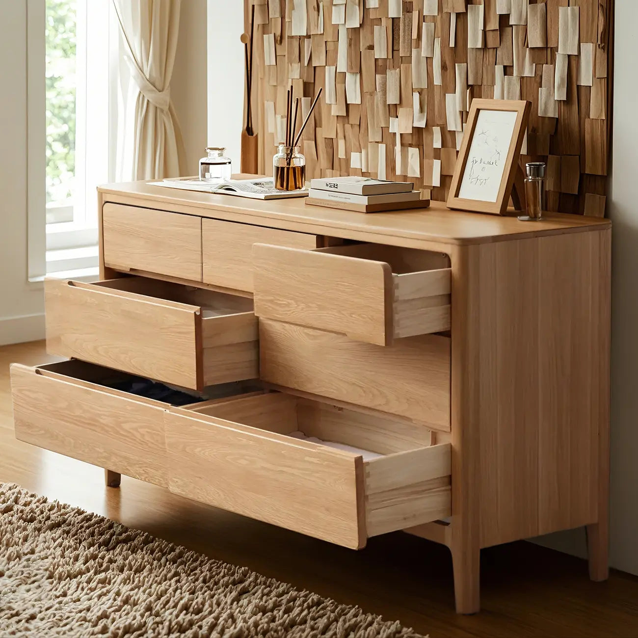 Commode double traditionnelle en bois de chêne naturel pour chambre à coucher