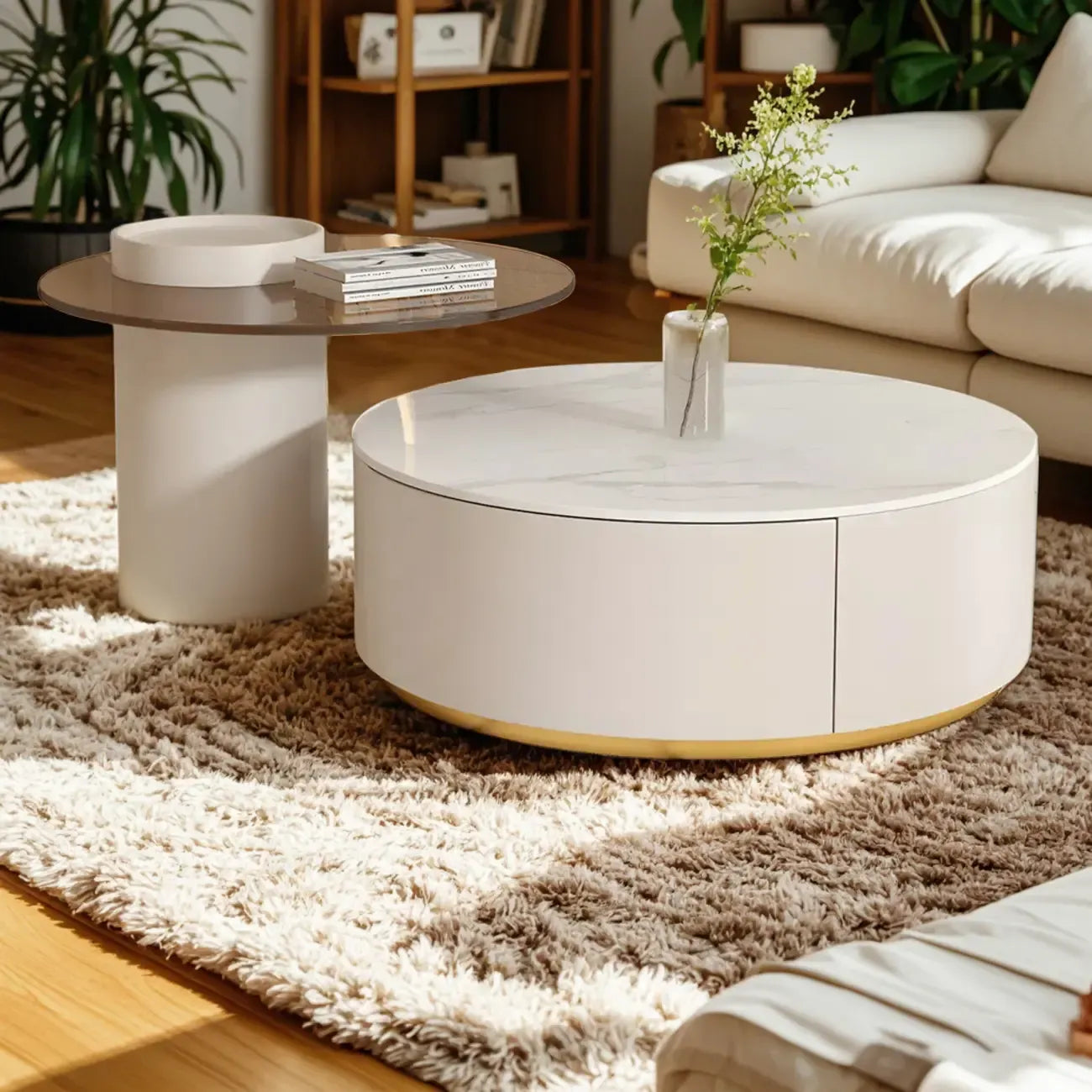 Table basse de forme tambour, ronde, en bois, moderne, blanche avec tiroir