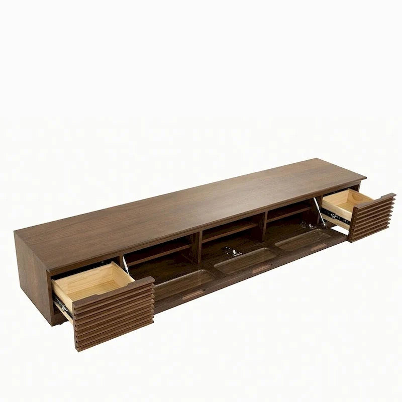Meuble TV minimaliste avec tiroirsConsole multimédia en bois massif avec placards, porte abattante, placage noyer, entièrement assemblé