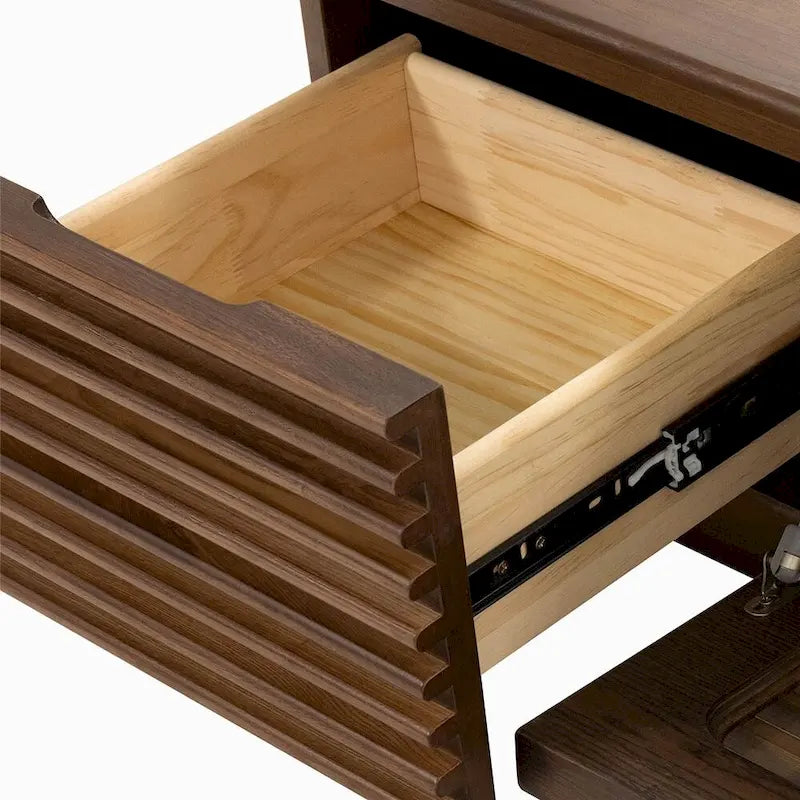 Meuble TV minimaliste avec tiroirsConsole multimédia en bois massif avec placards, porte abattante, placage noyer, entièrement assemblé