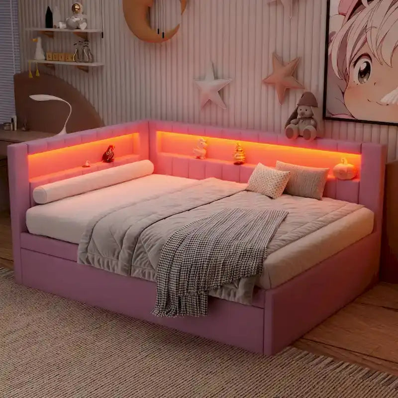 Lit plateforme rembourré avec ports USB et éclairage LED - Cadre de lit double/simple avec 2 tiroirs de rangement - Chambre à coucher moderne