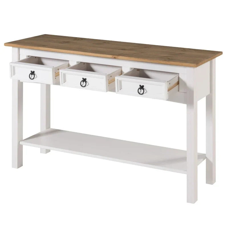 Console de couloir rustique en pin massif, blanc cérusé / marron antique / gris cérusé / non peinte, 3 tiroirs