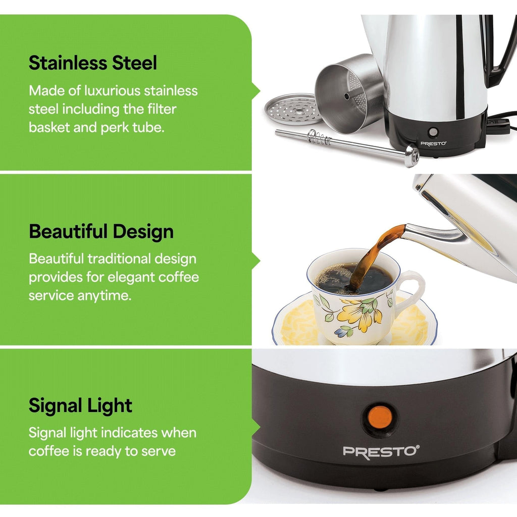 Cafetière à percolateur Presto en acier inoxydable, 12 tasses, robuste, argent - 2.79
