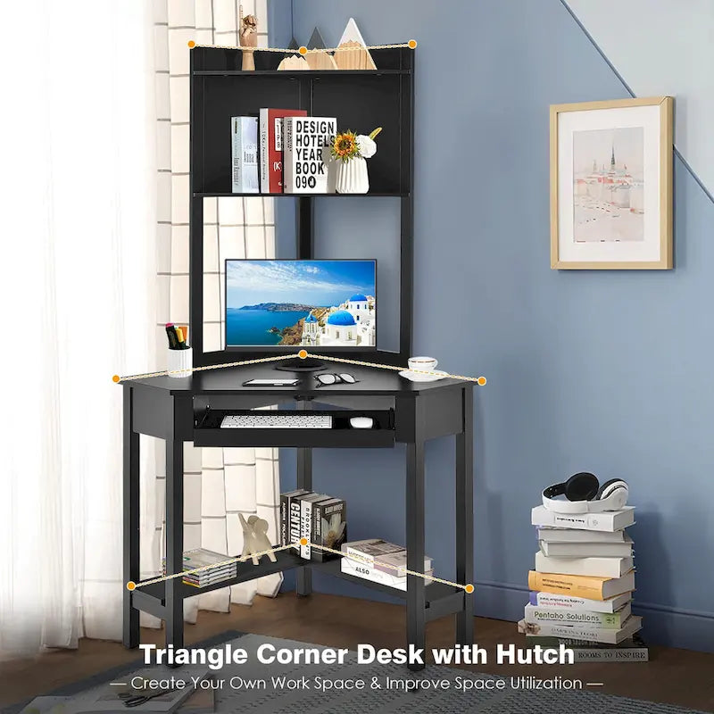Bureau d'angle triangulaire avec huche - Étagères - Tablette clavier - Noir/Blanc