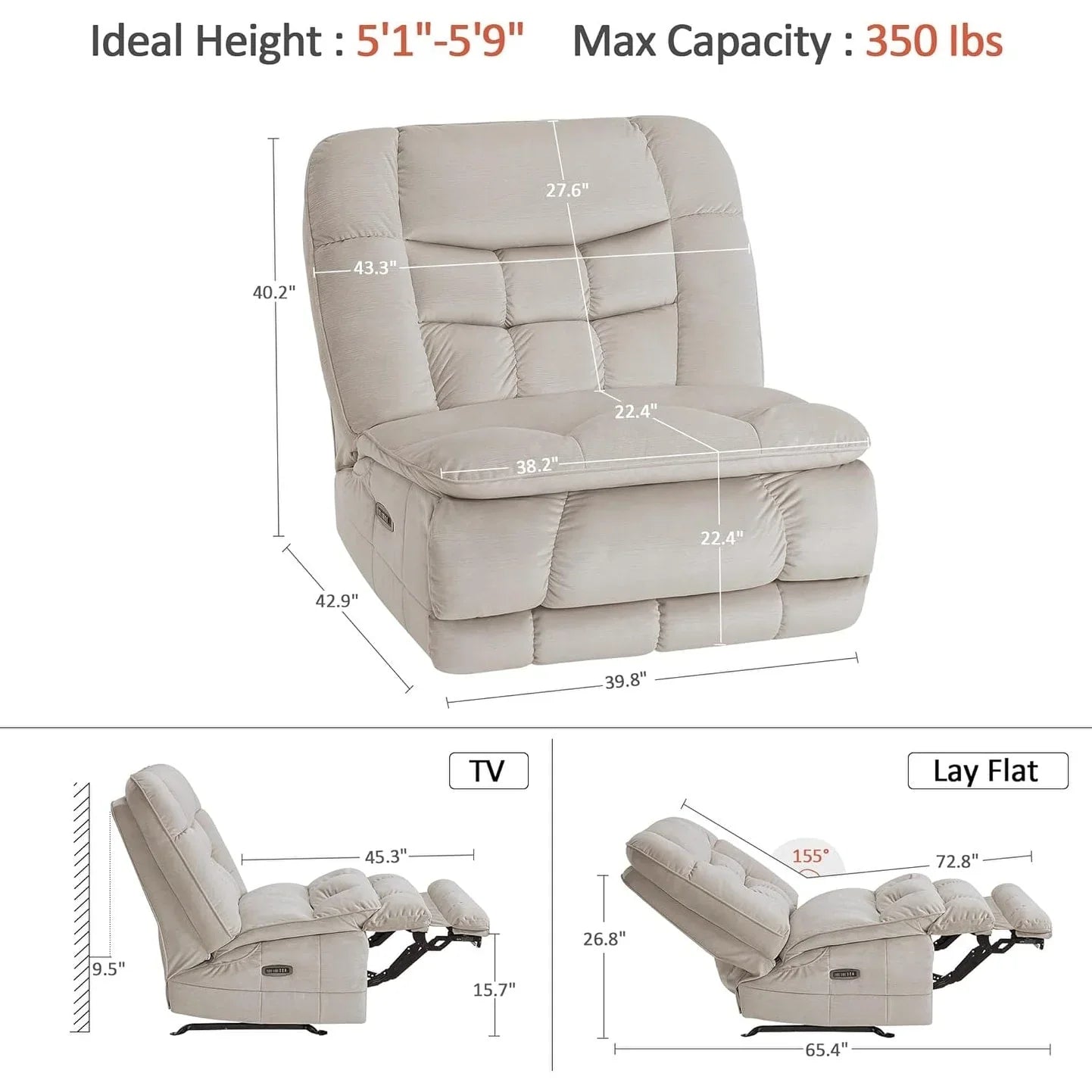 MCombo Fauteuil inclinable électrique sans accoudoirs surdimensionné à double moteur, inclinable Zeroarms parfait pour le salon en tissu PR607
