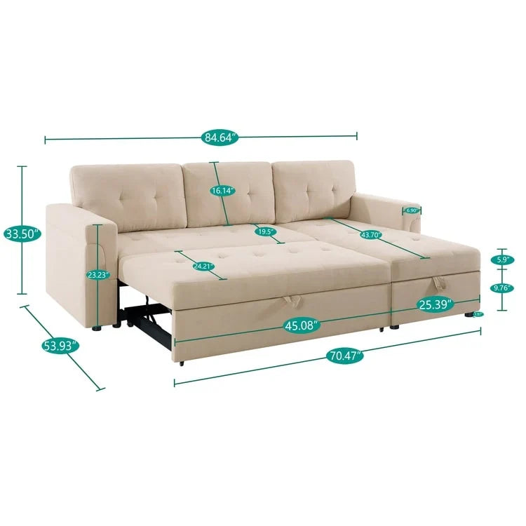 Canapé d'angle réversible avec lit gigogne, méridienne de rangement, pieds durables,