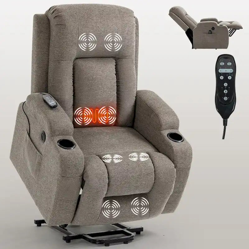 Fauteuil inclinable releveur électrique, fauteuil de massage moderne à moteur unique avec chauffage lombaire, port de chargement USB, porte-gobelets