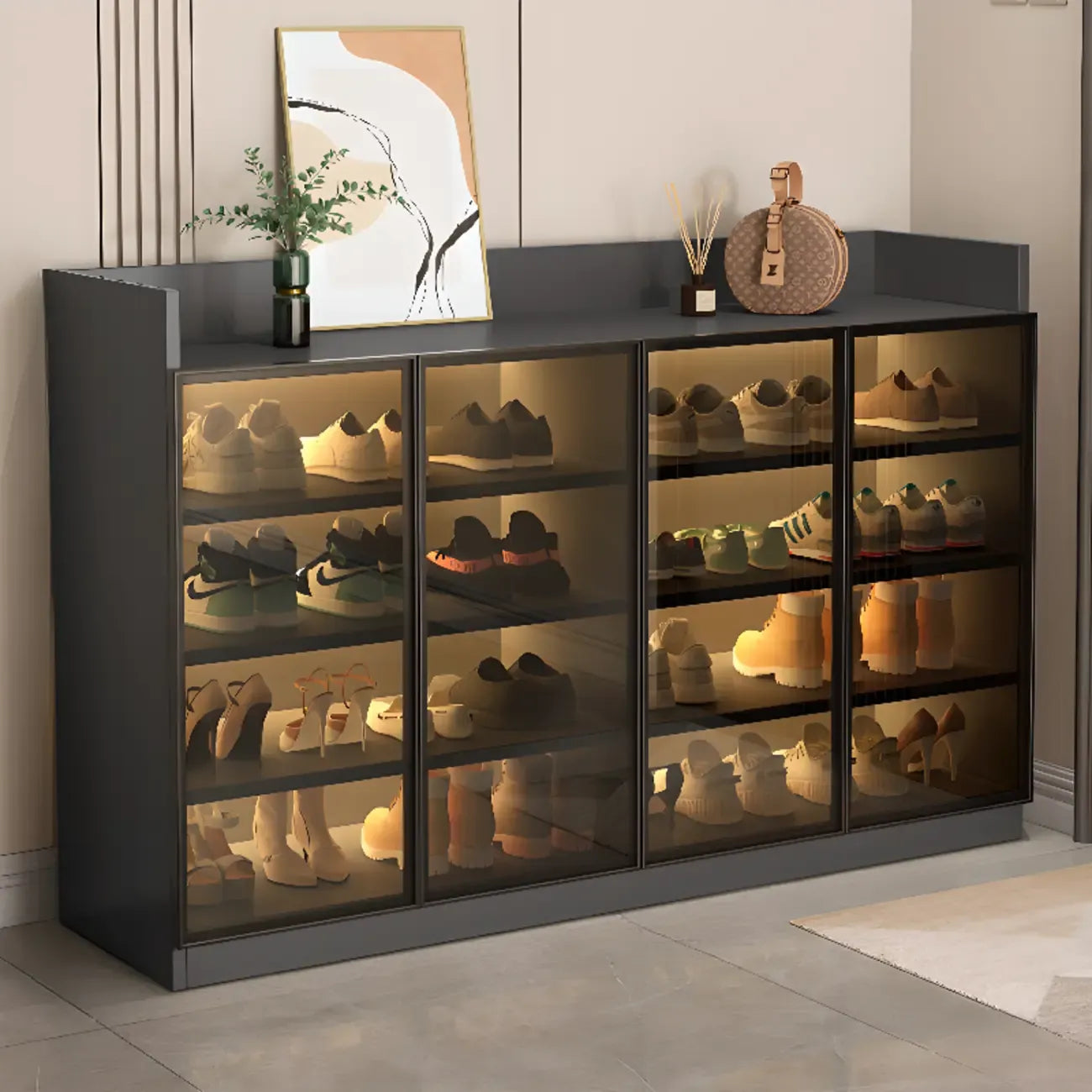 Meuble à chaussures éclairé par LED avec étagères réglables Portes transparentes