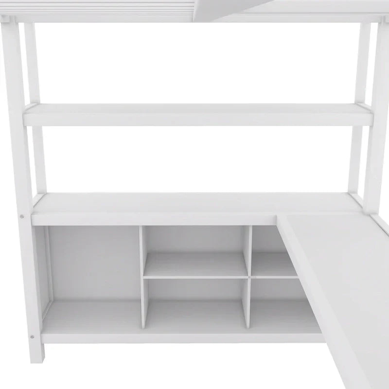 Lit mezzanine en métal blanc cassé avec bureau et armoire - Grand lit