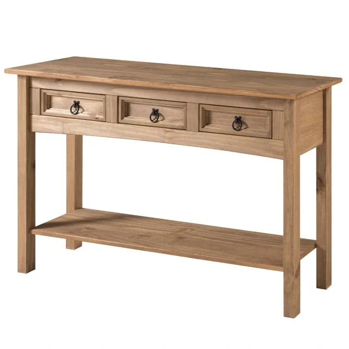 Console de couloir rustique en pin massif, blanc cérusé / marron antique / gris cérusé / non peinte, 3 tiroirs