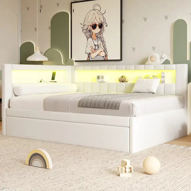 Lit plateforme rembourré avec ports USB et éclairage LED - Cadre de lit double/simple avec 2 tiroirs de rangement - Chambre à coucher moderne