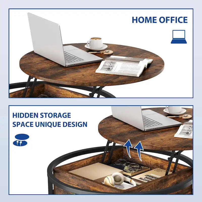 Table basse ronde relevable Moasis Farmhouse avec rangement dissimulé et étagère