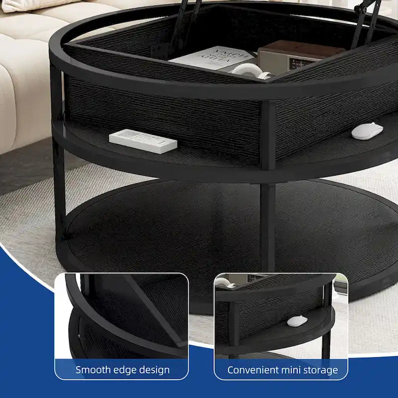 Table basse ronde relevable Moasis Farmhouse avec rangement dissimulé et étagère
