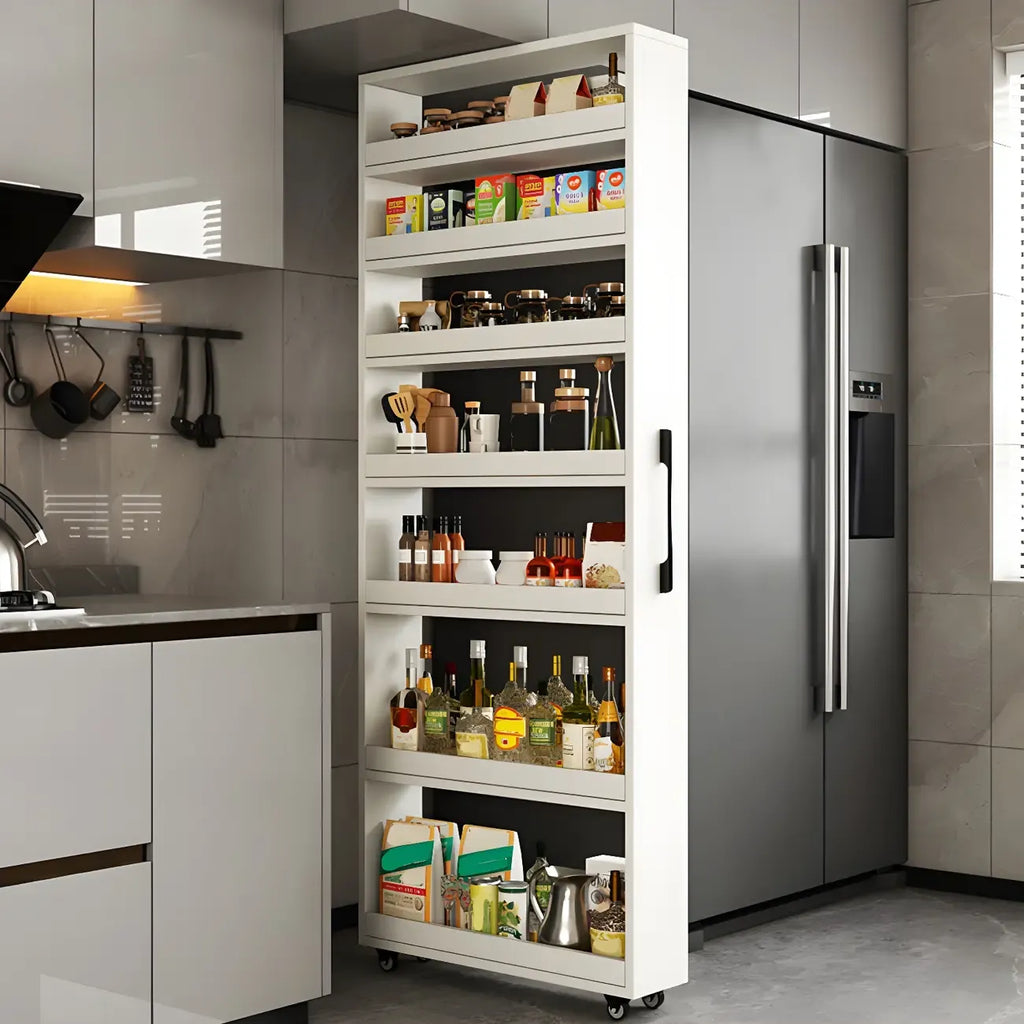 Buffet en bois moderne avec étagères ouvertes et roulettes
