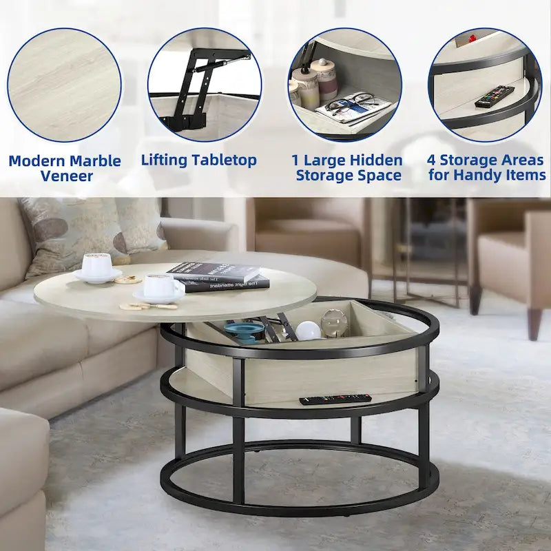 Table basse ronde relevable Moasis Farmhouse avec rangement dissimulé et étagère