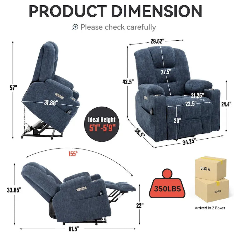 Fauteuil inclinable Power Lift avec massage et chaleur, fauteuils inclinables larges et rembourrés Lazy Boy avec ports USB, Type C et 2 porte-gobelets en acier