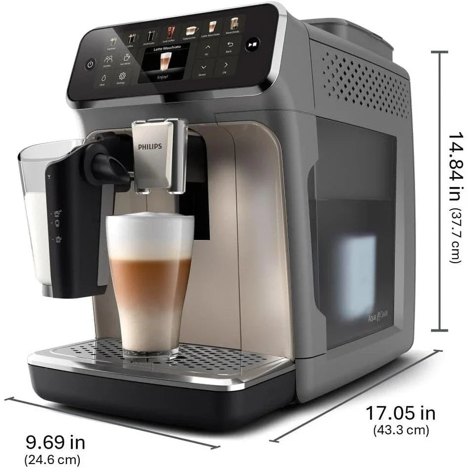 Machine à café expresso haut de gamme, 12 cafés chauds/froids, système LatteGo, broyeur céramique, chrome noir