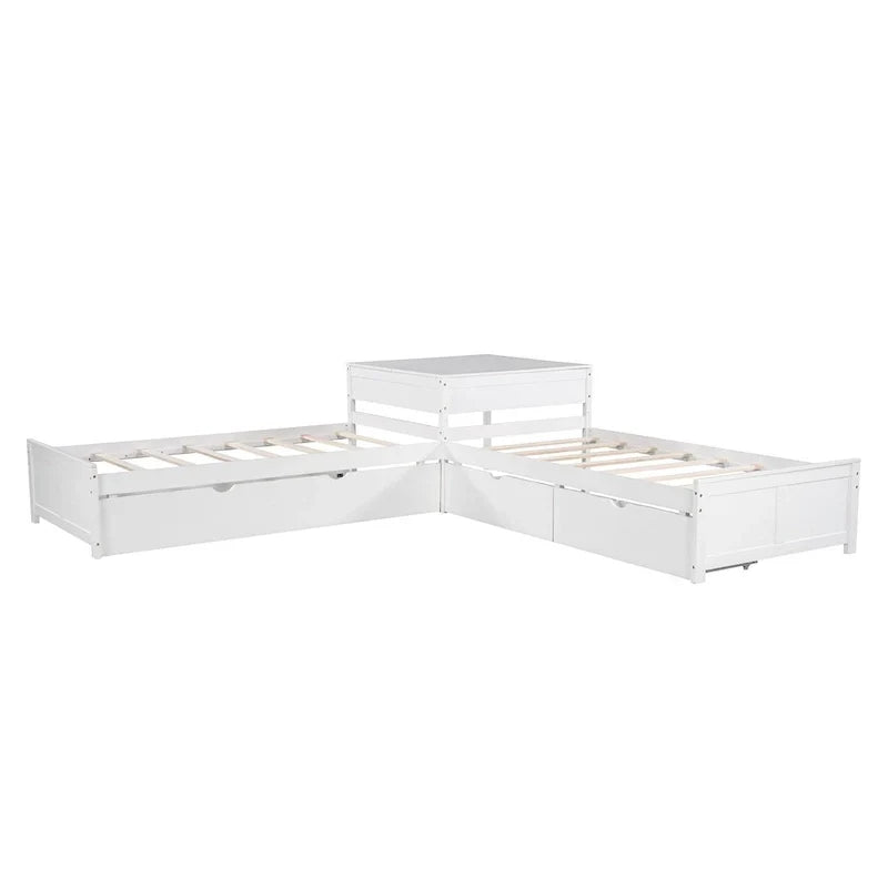 Lit plateforme en L moderne blanc de taille double avec lit gigogne et tiroirs pour chambre à coucher