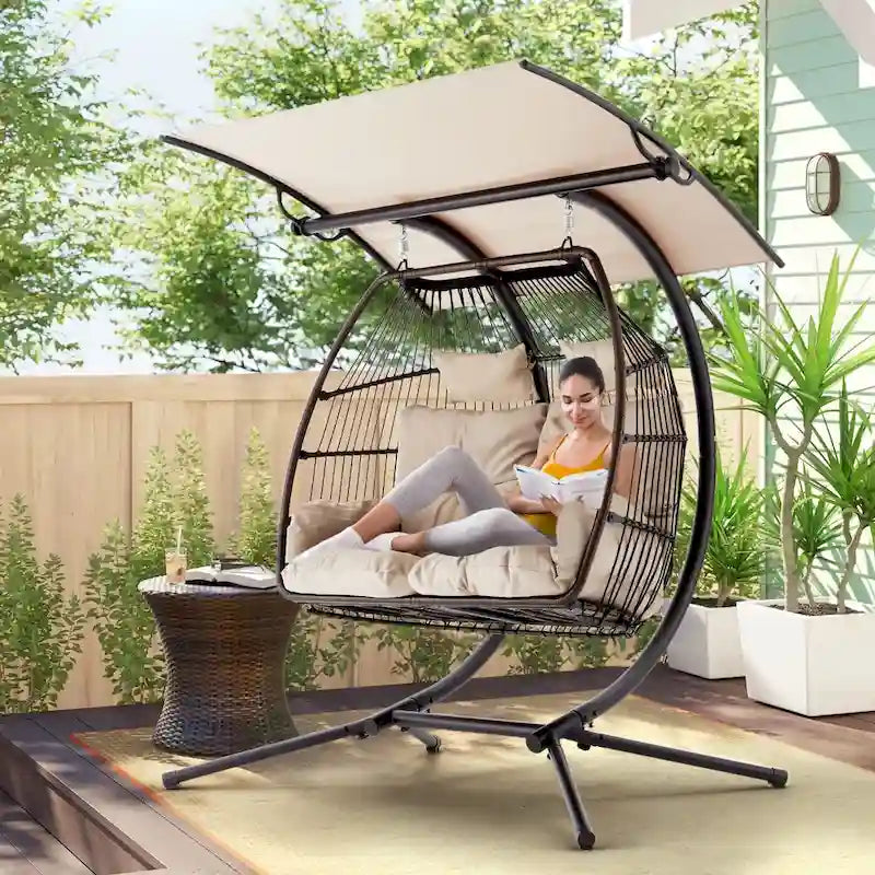 Balancelle extérieure à deux places avec support, chaise suspendue pliable, coussin de hamac et auvent, chaise double en forme d'œuf - Beige