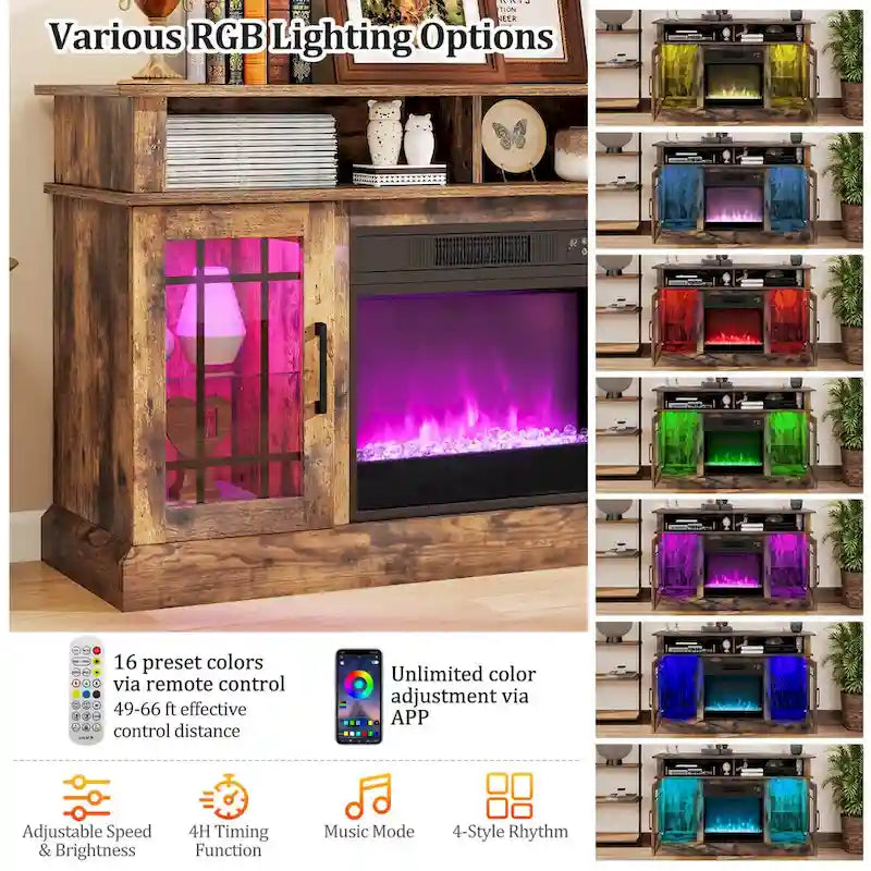 Meuble TV avec cheminée électrique, lumières LED et télécommandes