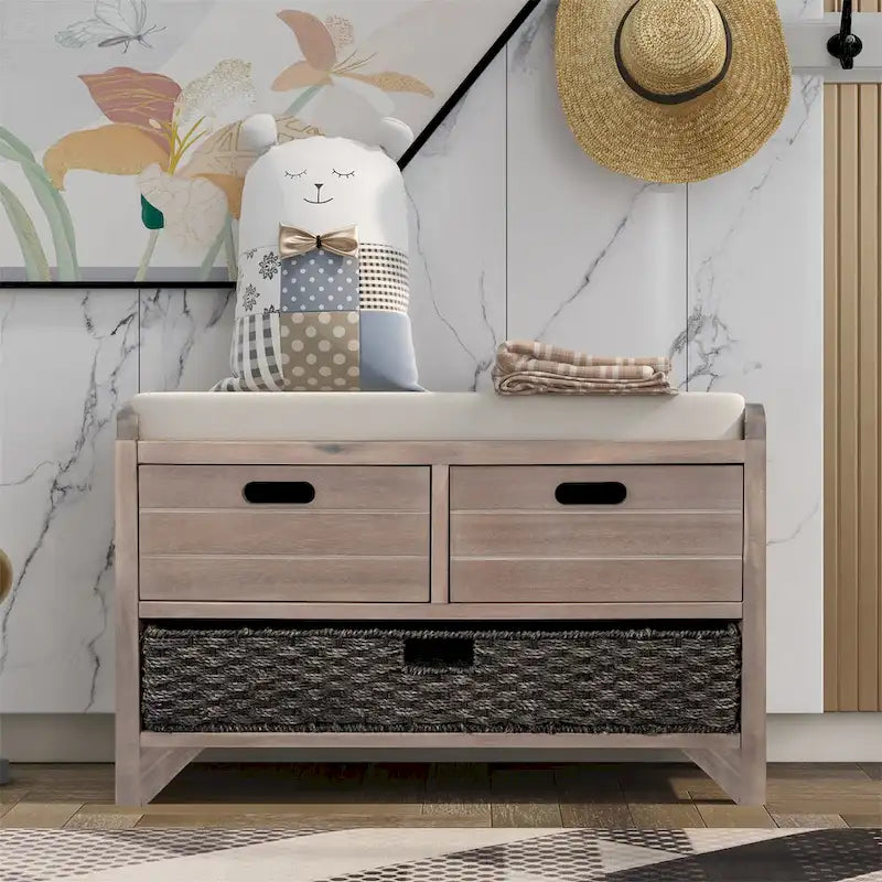 Banc de rangement en bois avec 2 paniers tressés