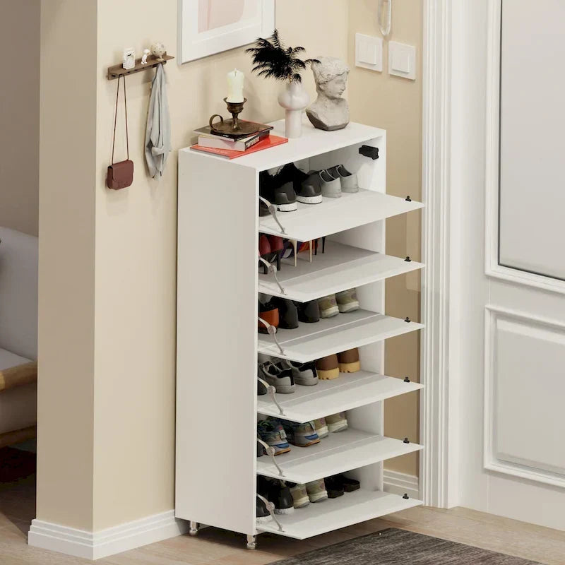 Meuble à chaussures miroir avec 6 tiroirs à abattant, organisateur de rangement pour une grande quantité de chaussures, 4 pieds en métal, porte à abattant à ouverture manuelle.