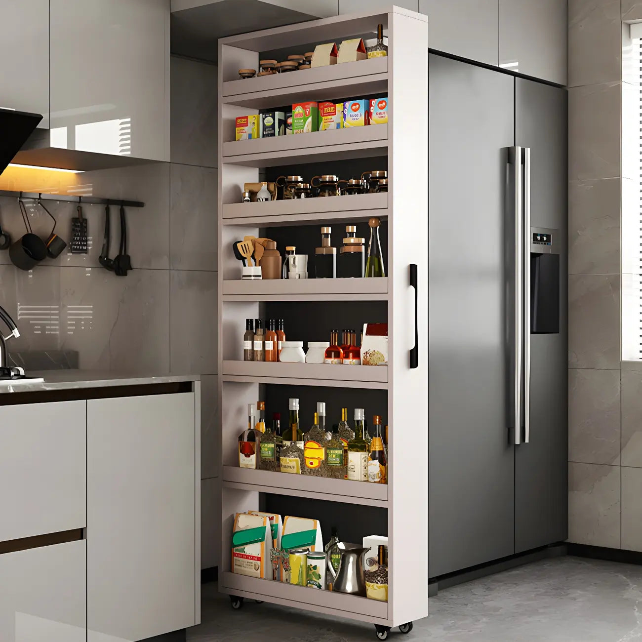 Buffet en bois moderne avec étagères ouvertes et roulettes