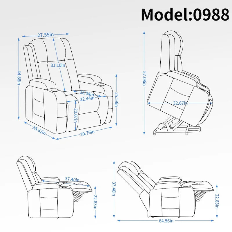 Fauteuil inclinable releveur électrique, fauteuil de massage moderne à moteur unique avec chauffage lombaire, port de chargement USB, porte-gobelets