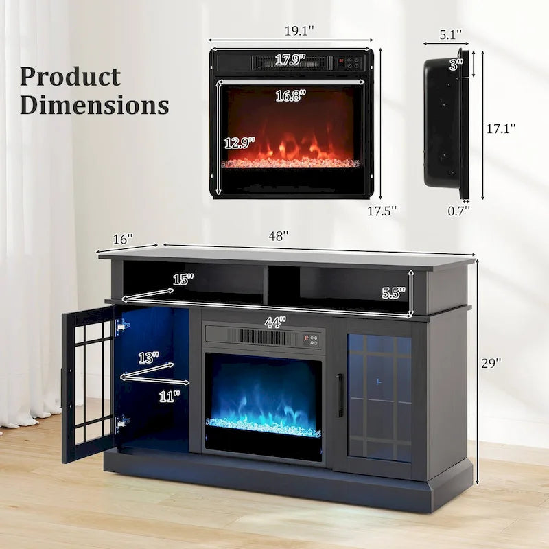 Meuble TV avec cheminée électrique, lumières LED et télécommandes